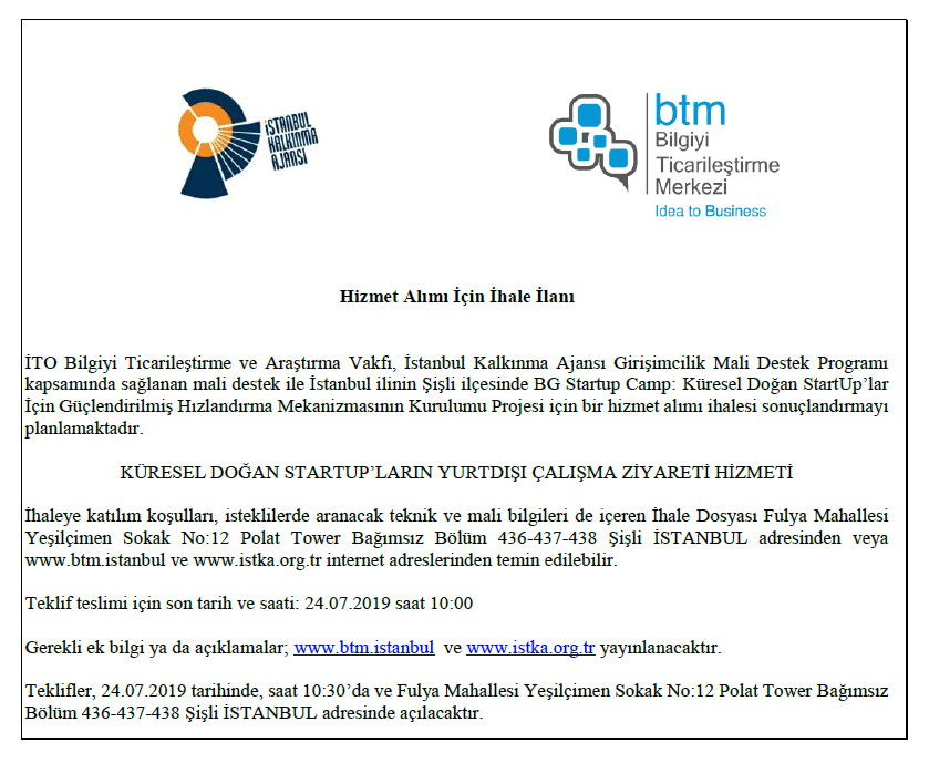 Projemizin Hizmet Alımı İhalesi İlanı Yayınlandı